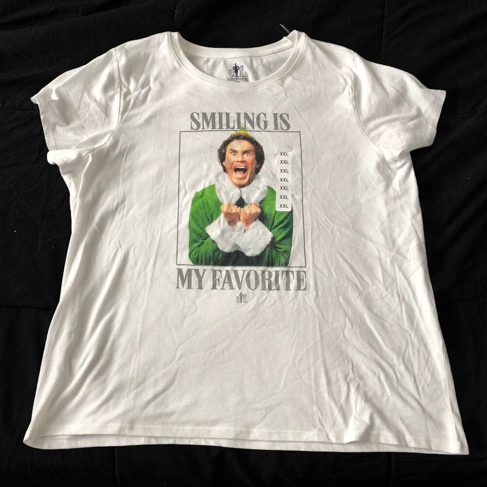 ELF Womens T-Shirt Size XXL Elf Smiling is my Favortite Christmas Holiday Shirt